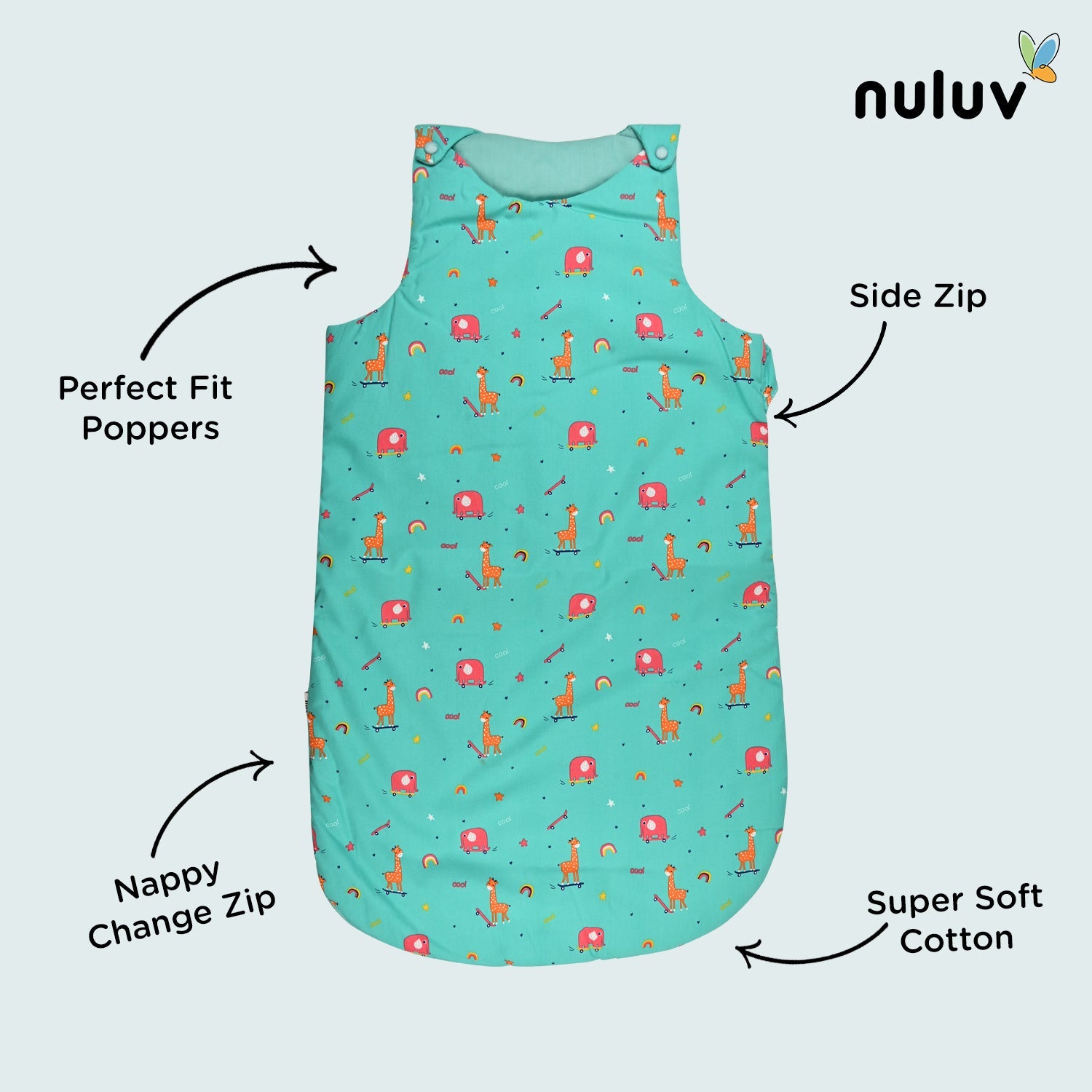 Nuluv Lt Green Sleeping Bag 100 % Organic Cotton with Antimicrobial Finish - Toys4All.in