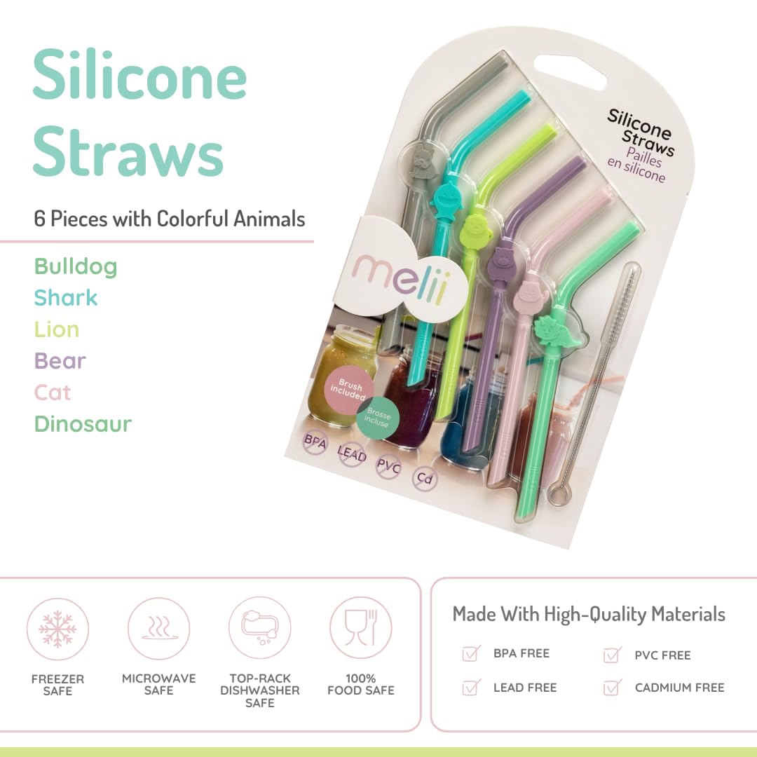 Melii Silicone Animal Straws - Set of 6 with Cleaning Brush  Multicolored - 12 to 48 Months
