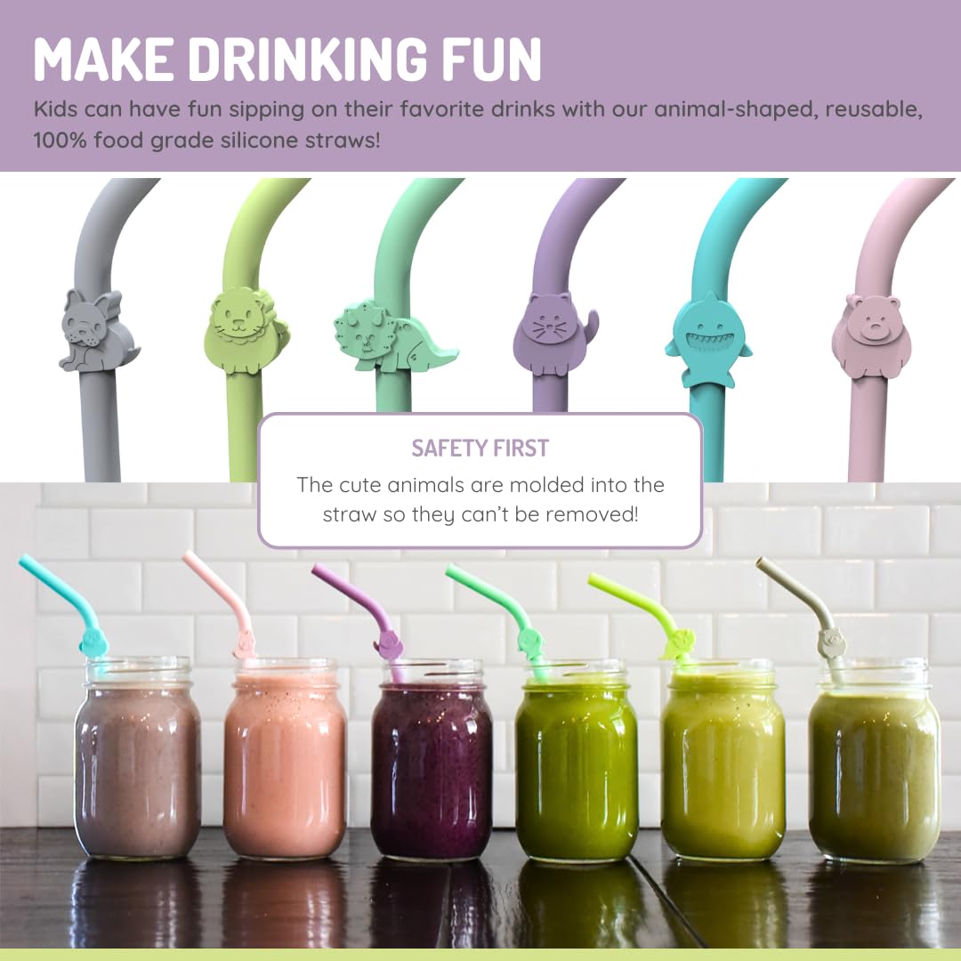 Melii Silicone Animal Straws - Set of 6 with Cleaning Brush  Multicolored - 12 to 48 Months