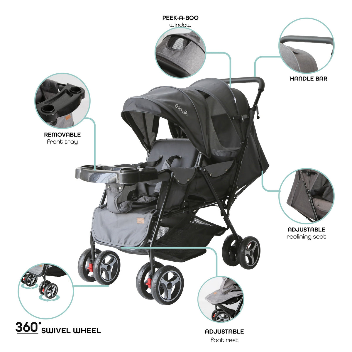 Moon Magnum Twin Stroller Black Birth to 15 kg - Open Box