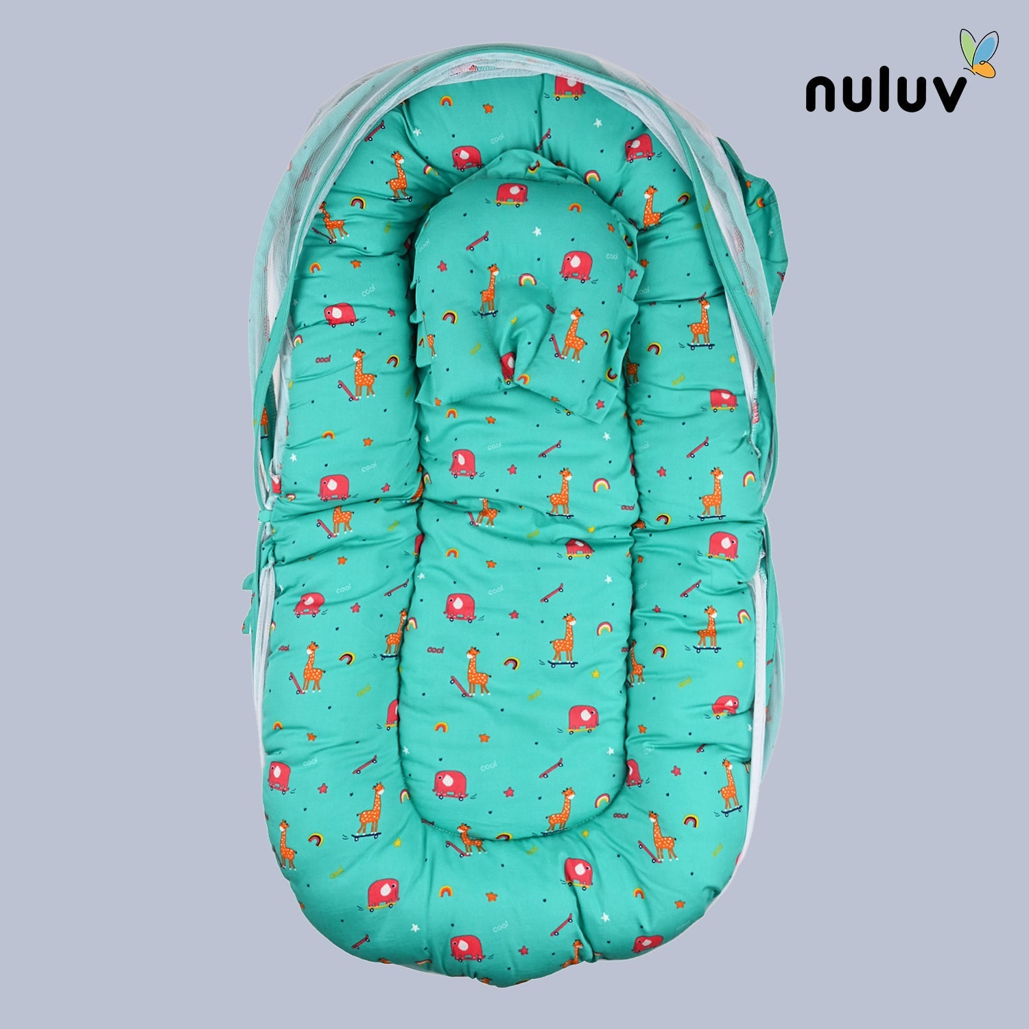Nuluv Green Bed with Mosquito Net 100 % Organic Cotton with Antimicrobial Finish - Toys4All.in