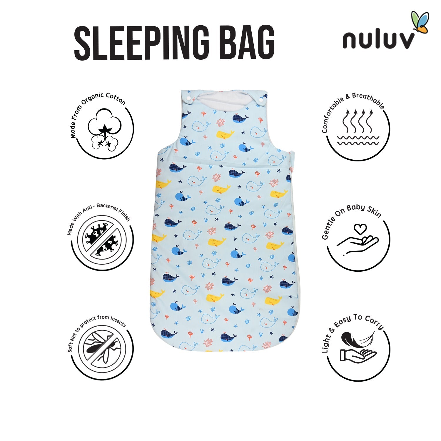 Nuluv Lt Blue Sleeping Bag 100 % Organic Cotton with Antimicrobial Finish - Toys4All.in