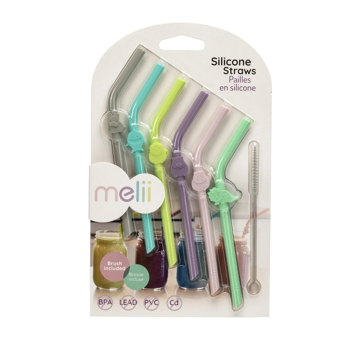 Melii Silicone Animal Straws - Set of 6 with Cleaning Brush  Multicolored - 12 to 48 Months