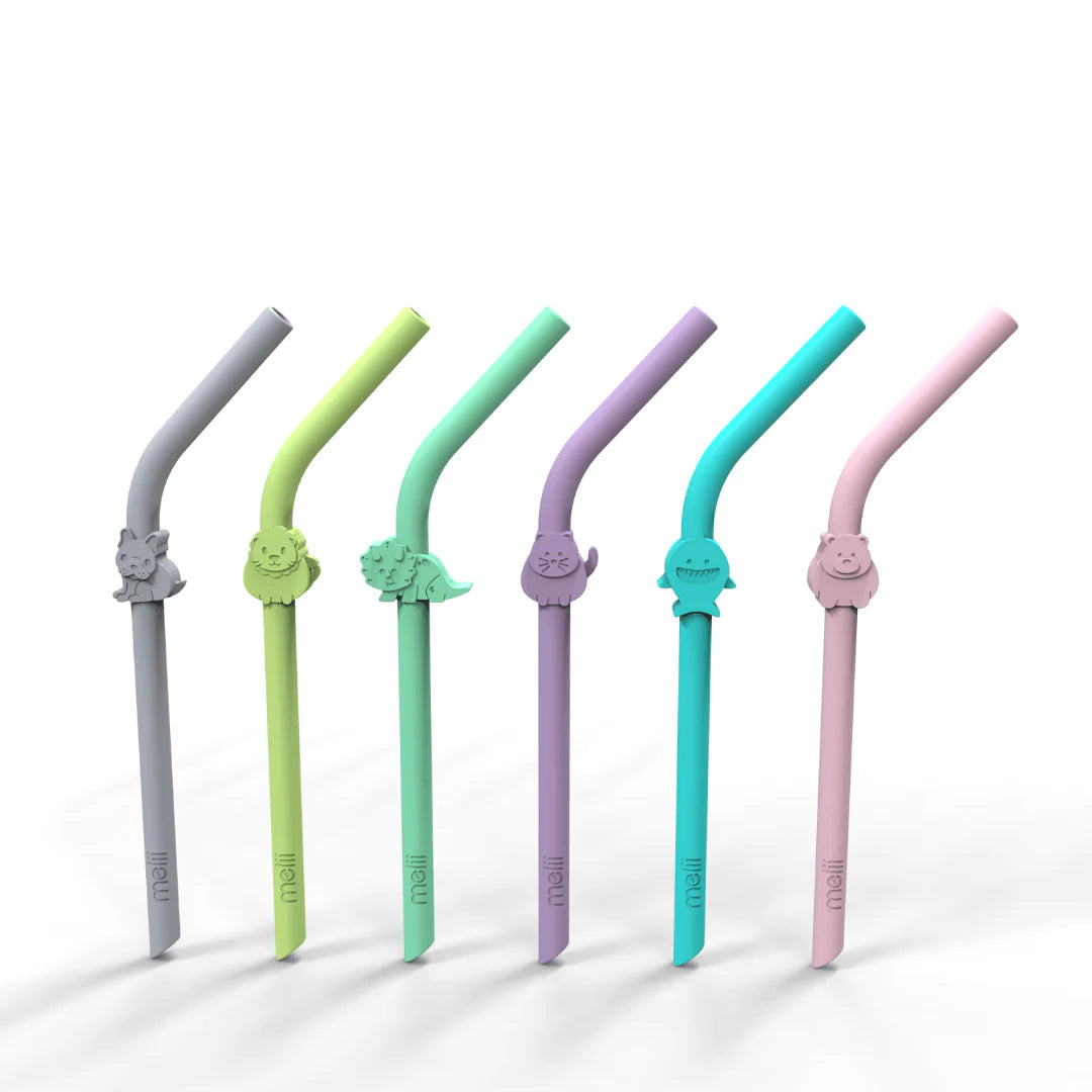 Melii Silicone Animal Straws - Set of 6 with Cleaning Brush  Multicolored - 12 to 48 Months